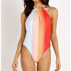 Mara Hoffman Dominique Rainbow Vista Stripe Halter One Piece Swimsuit Large